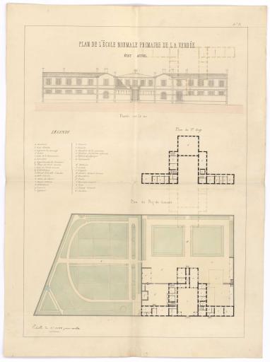 Plan de l'école normale primaire, dans son état actuel : façade sur la rue, plan du premier étage, plan du rez-de-chaussée.